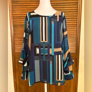 Calvin Klein Abstract Colorblock Long Sleeve Ruffle Blouse Size M/L